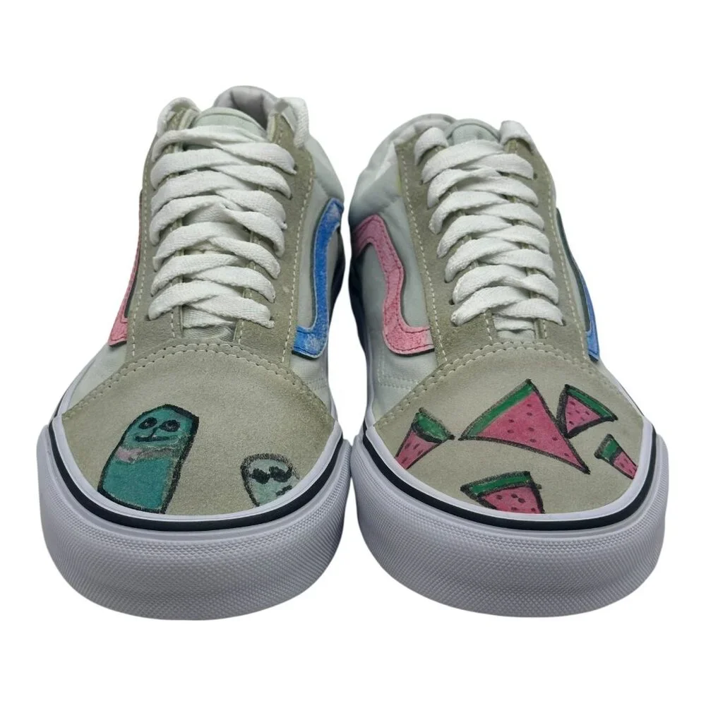 Vans Old Skool Sneakers Unisex M7.5‎ W9 Sage Green Good Custom Hand Painted Art